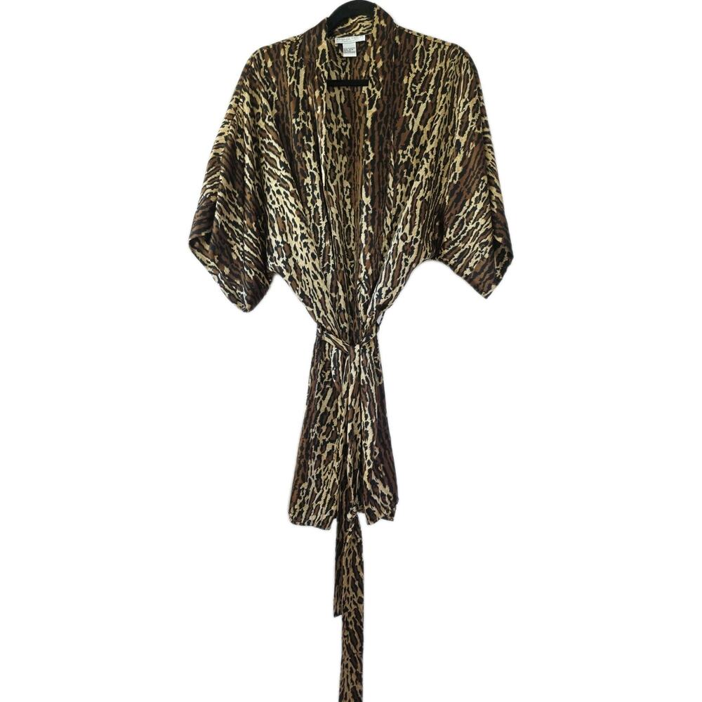 Morgan Tylor Leopard Kimono Robe Womens S Brown Black Tie Front Satin Mobwives